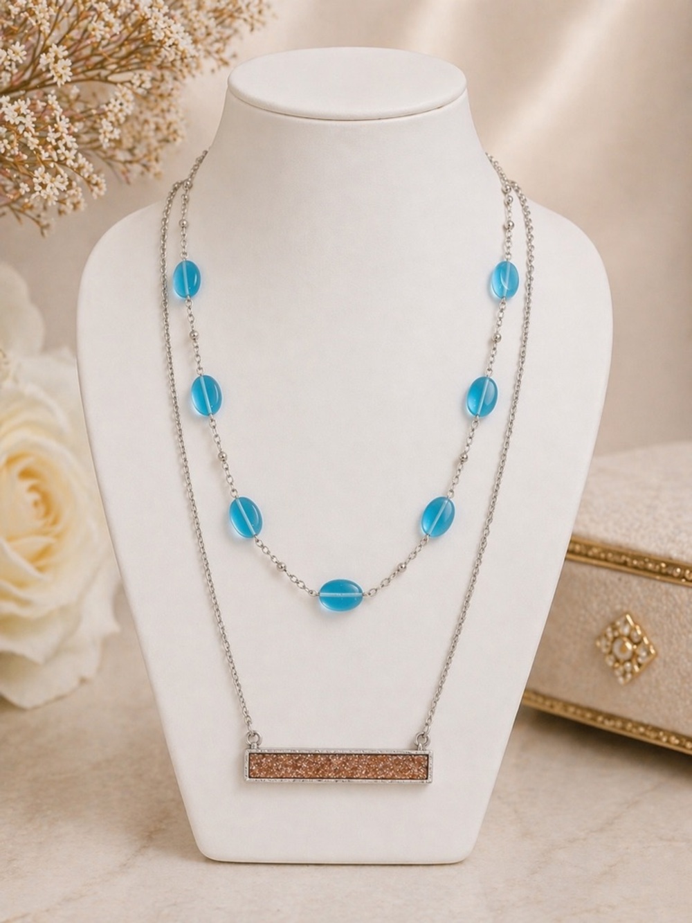 Plunder Bar Necklace + Blue Glass Bead Necklace Bundle– Layered Silver Tone Duo